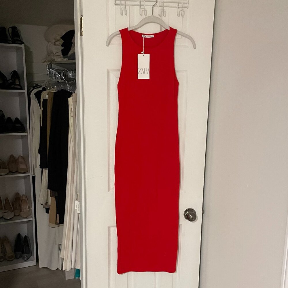 Zara Red Sleeveless Crew Neck Stretch Cami Camisole Tank Bodycon Mini Dress Sz M